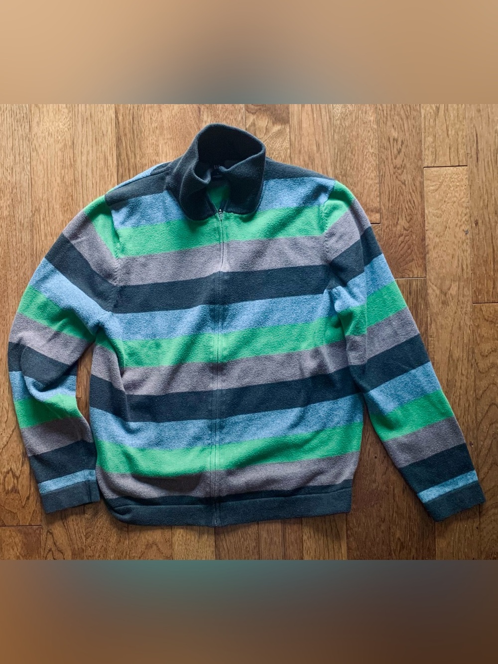 Vintage Fall 2005 GAP Men's Striped Zip-Up Sweater - Green, Blue & Gray